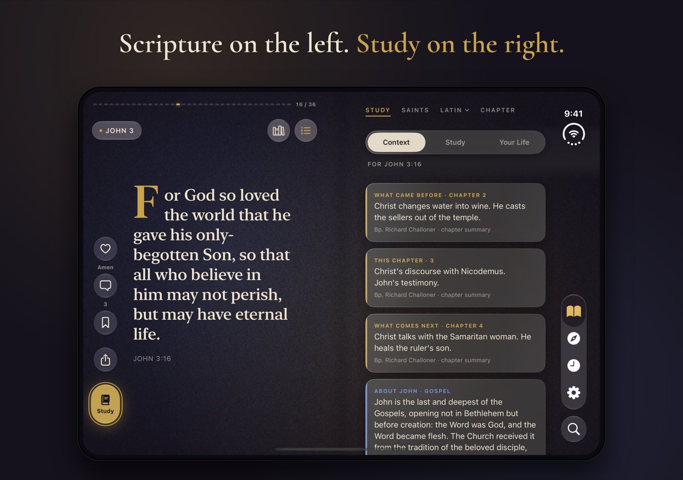 iPhone Duo unfolded: John 3:16 on the left page under a gold drop cap; on the right, Study’s Context tab with Bishop Challoner’s summaries of John 2, 3 and 4 and an introduction to John.