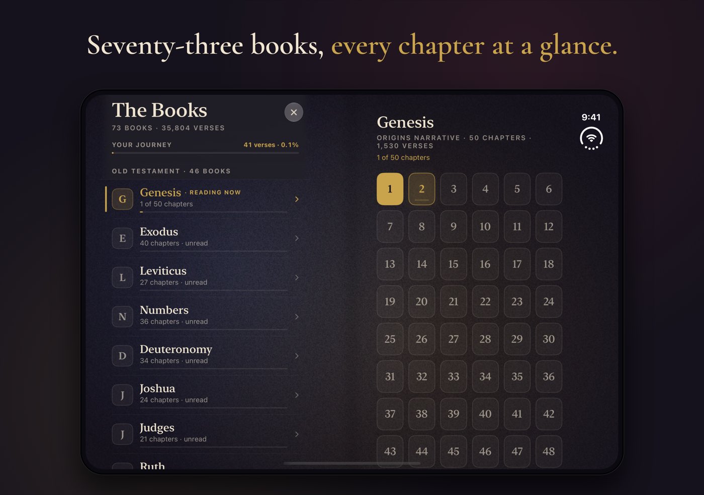 iPhone Duo unfolded: the list of books on the left; Genesis’s fifty chapters as a grid on the right.