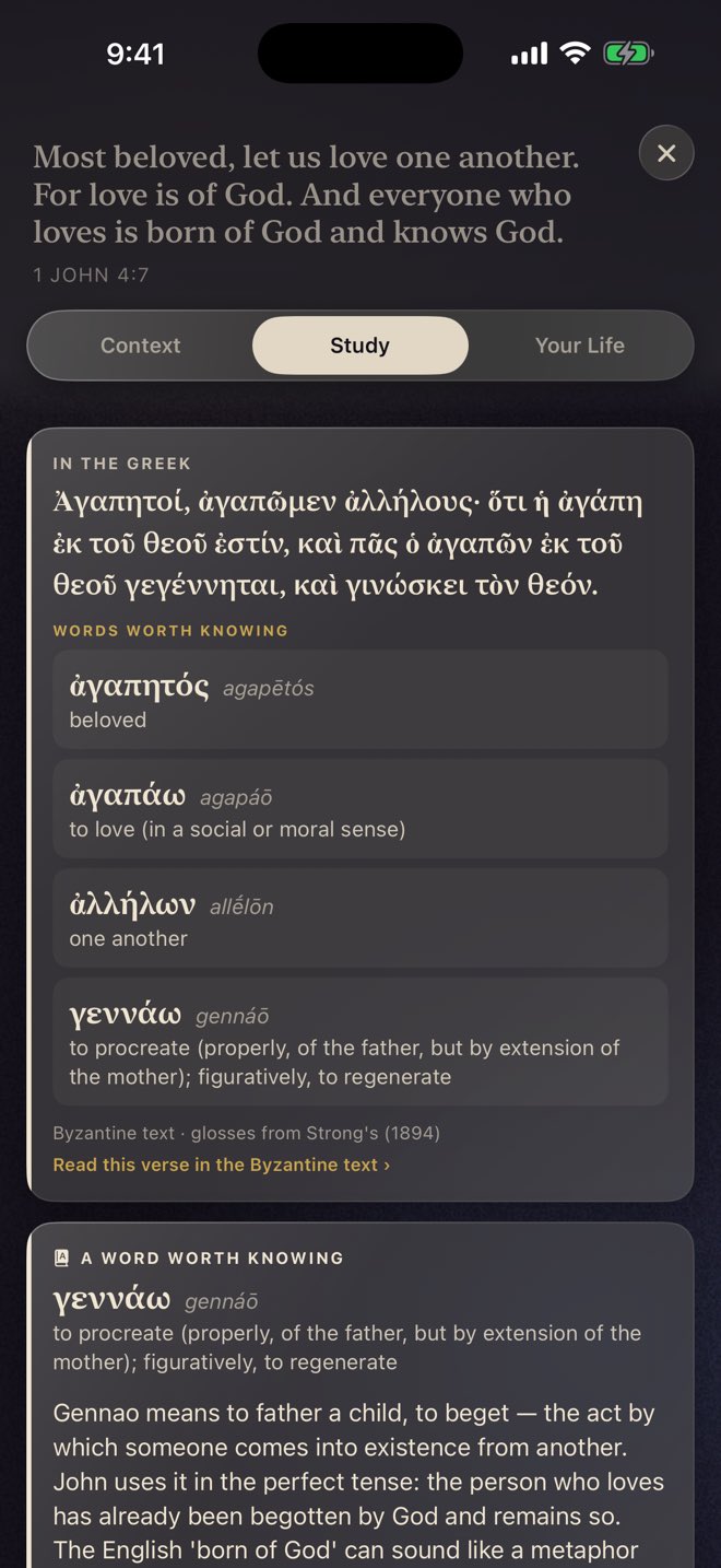 Bless on iPhone — Study · Greek: 1 John 4:7, words worth knowing.