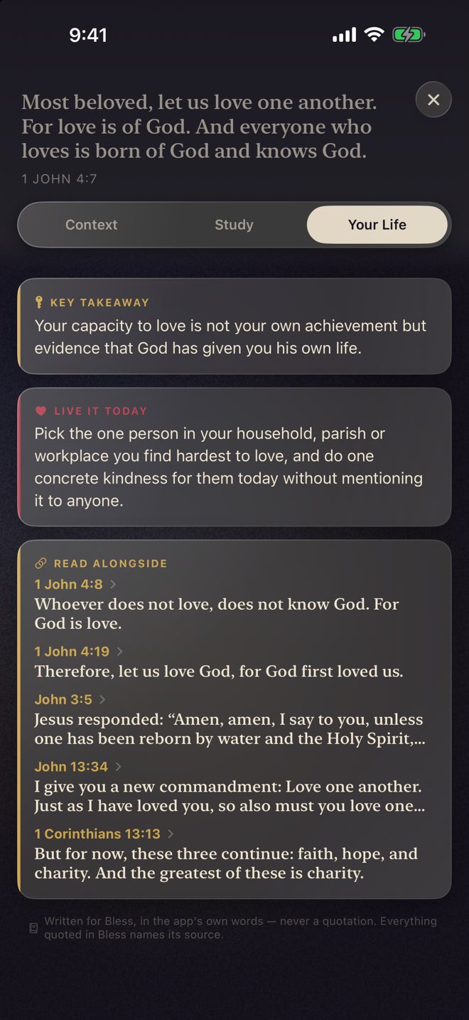 Bless on iPhone — Study · Your Life: A takeaway and verses alongside.